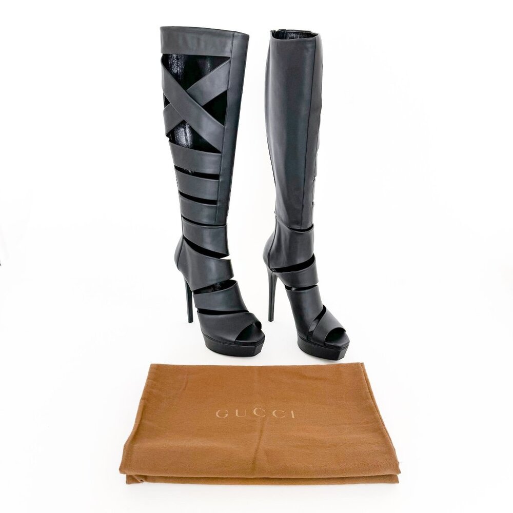 Gucci Platform Boots Helena Babylon Cutout Knee High Boots EU 36 US 6 Leather
